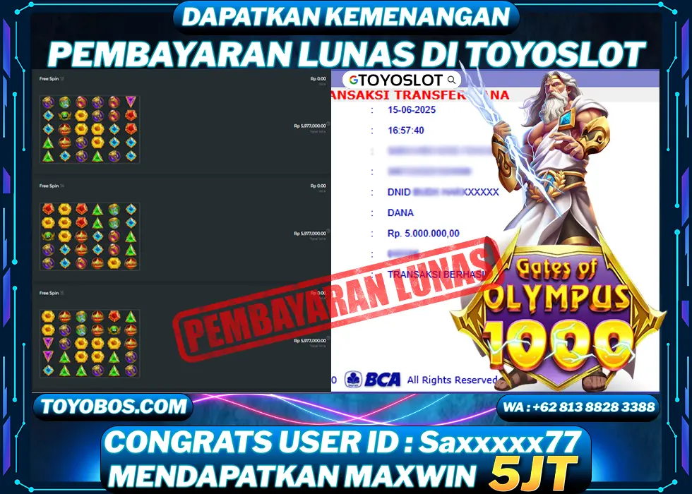 BUKTI KEMENANGAN Gates of Olympus 1000 Saxxxxx77 Rp5,000,000- LUNAS